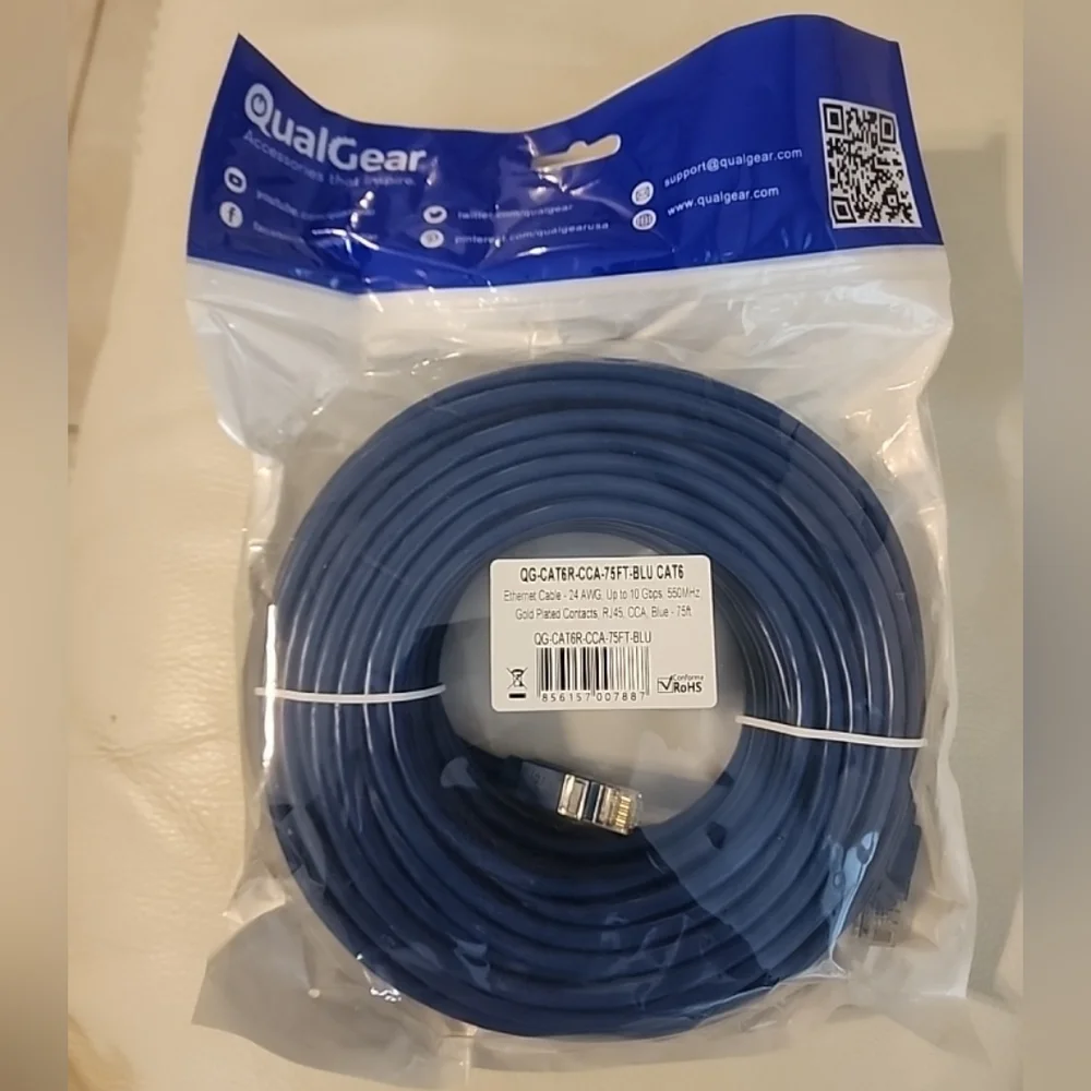 QualGear High Speed Internet & Ethernet Cable CAT 6 24 AWG 1Gbps 250MHz 75Feet